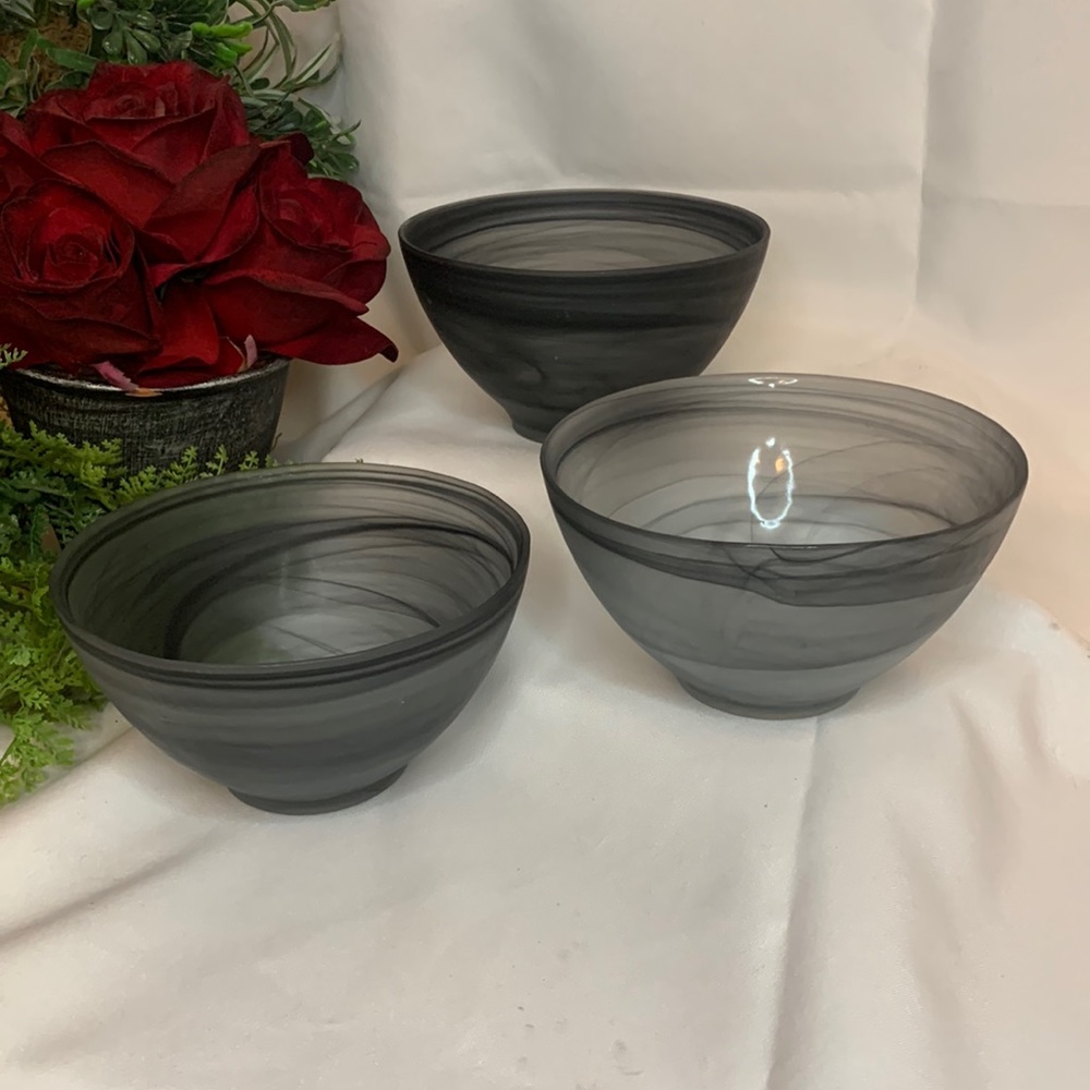 Set of 3 AKCAM Turkish glass BLACK SWIRL frosted soup / cereal bowls